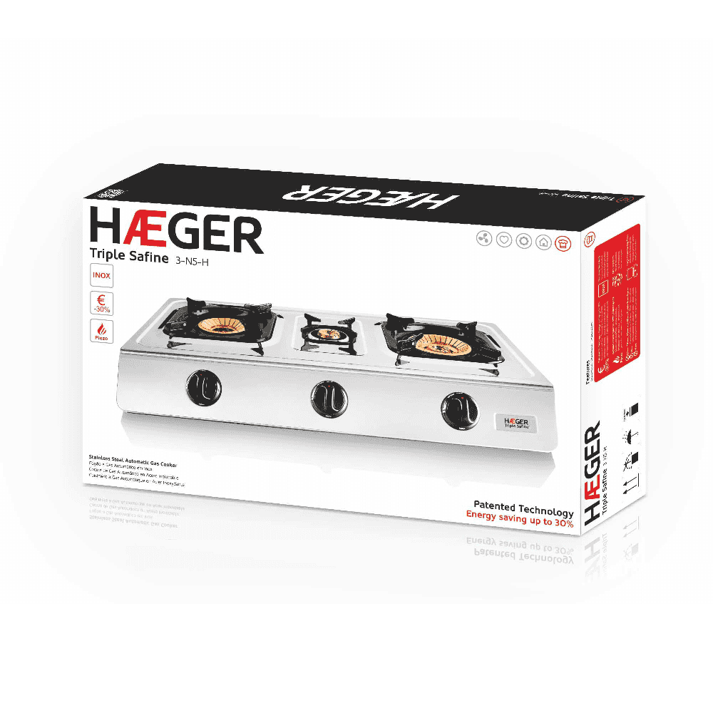 Fogareiro Haeger Triple Safine | 3 Queimadores, Inox, Ignição Automática