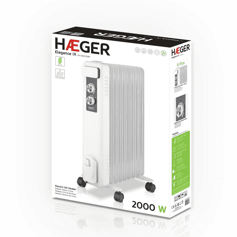Aquecedor a Óleo Haeger Elegance IX | 9 Finos, 2000W, Termóstato Regulável