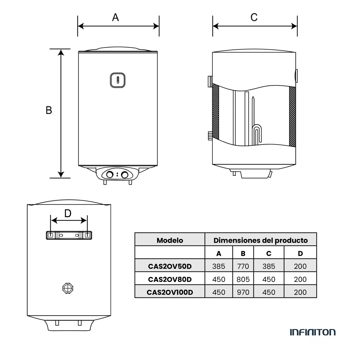 Termoacumulador Elétrico Infiniton CAS2OV100D | 100L, Vertical, 2000W