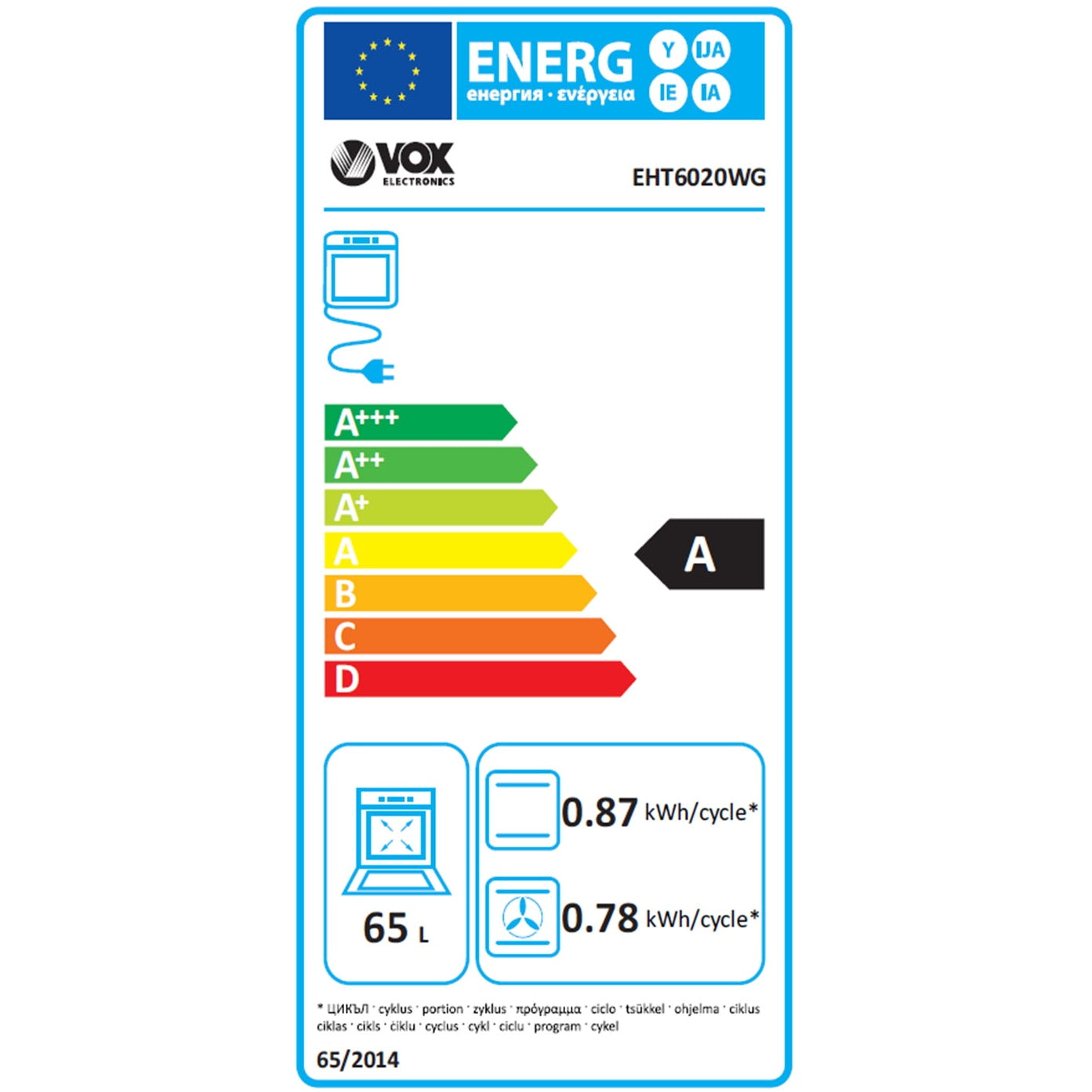 Fogão Elétrico VOX EHT6020WG | 65L, 4 Discos, Classe A
