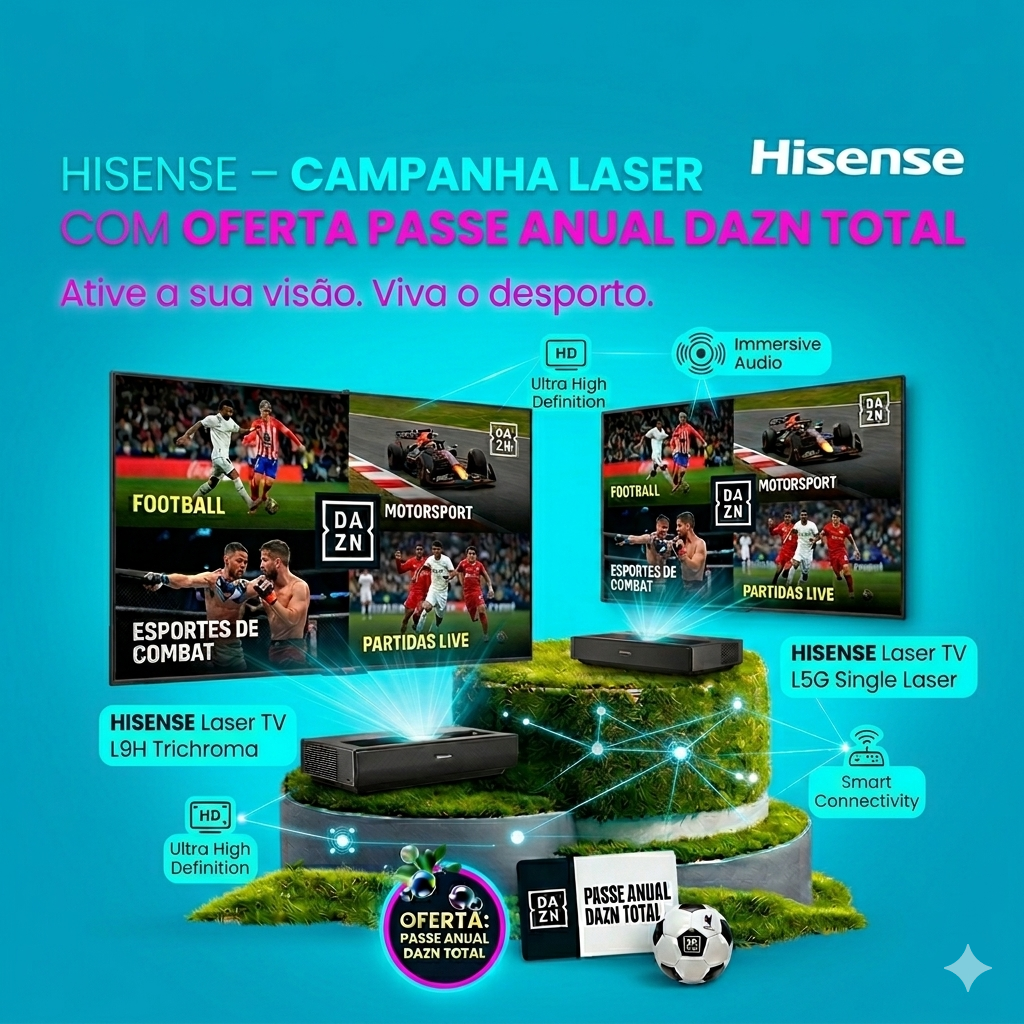 HISENSE – CAMPANHA LASER COM OFERTA PASSE ANUAL DAZN TOTAL (16/03/2026 - 19/04/2026)