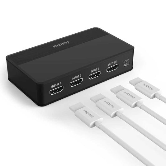 Comutador HDMI Hama 00121770 | 4K 60Hz, 3 Entradas, Alumínio
