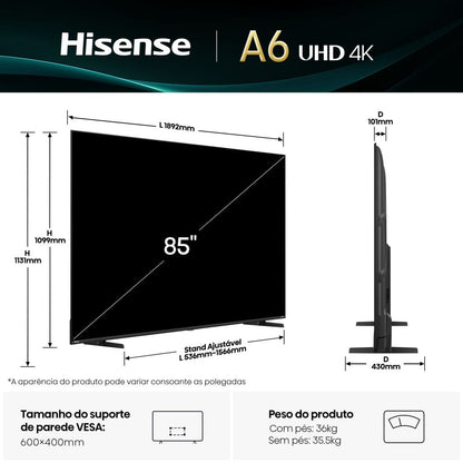 TV Hisense 85A6Q | 85", 4K LED, Dolby Vision, Smart TV