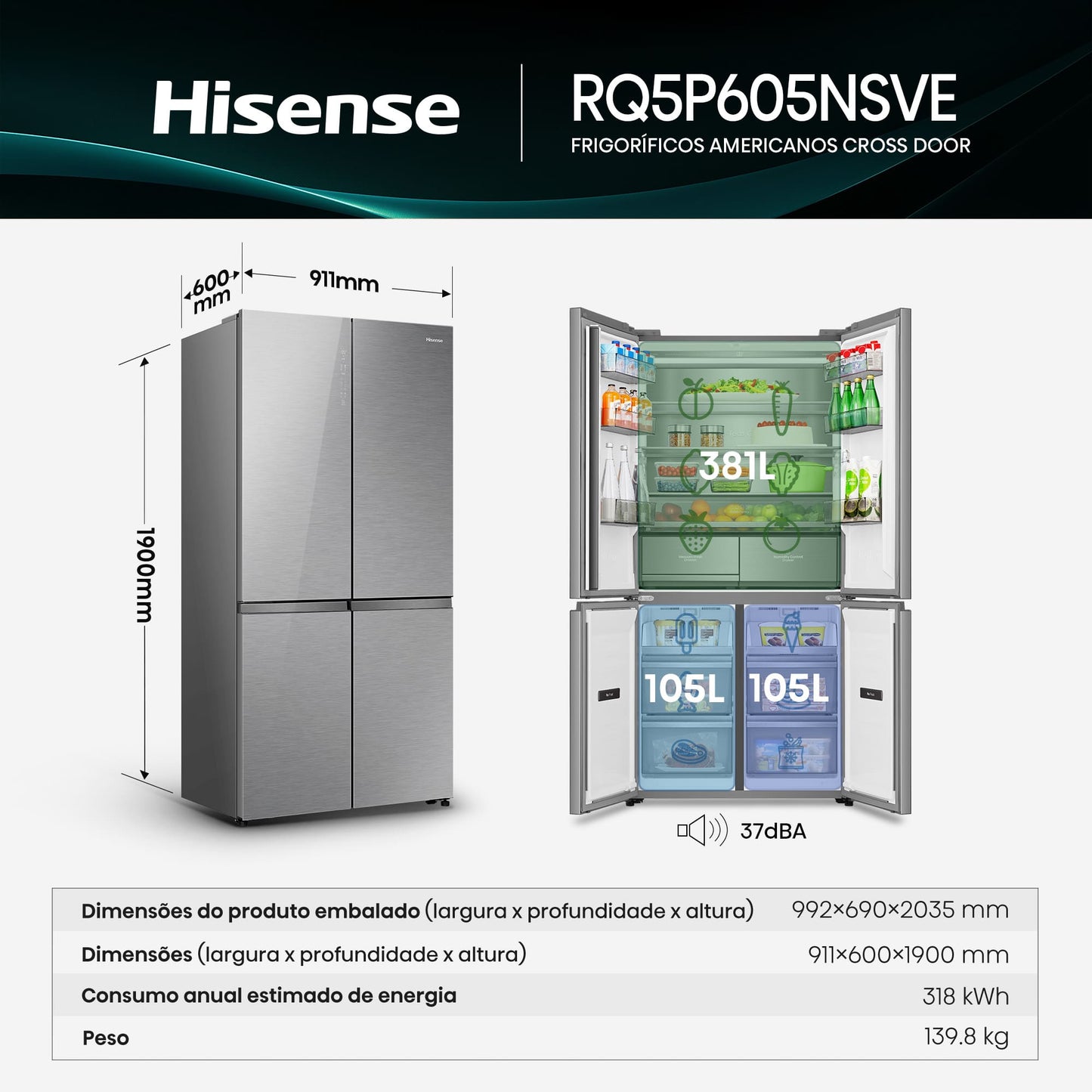 Frigorífico Americano Hisense RQ5P605NSVE | 591L, No Frost, Classe E
