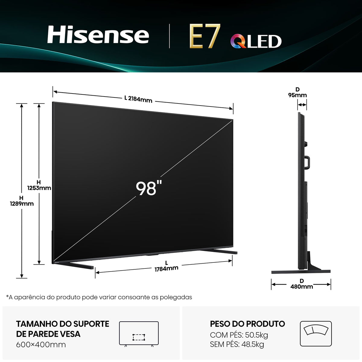 TV QLED HISENSE 98E7Q | 98", 4K, VIDAA U8.5