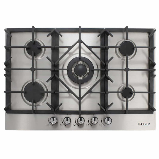 Placa a Gás Encastrável - 5 Zonas, 70cm, 1 wok, Inox