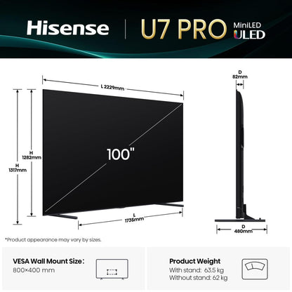 TV Hisense 100U7Q PRO | 100", Mini LED, 4K, 165Hz