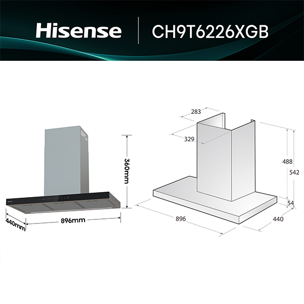 Chaminé HISENSE CH9T6226XGB | 90cm, Classe A+, Inox/Negro