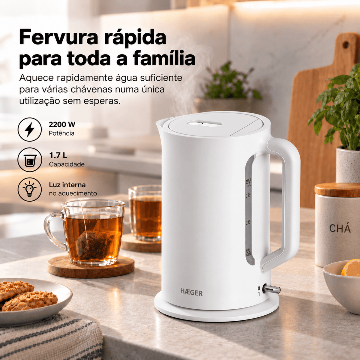 Jarro Elétrico HAEGER Midday | 1.7L, 2200W, 360°