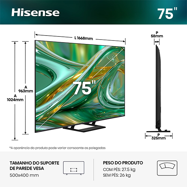 TV HISENSE 75E8S | 75", Mini LED, 4K, 144Hz