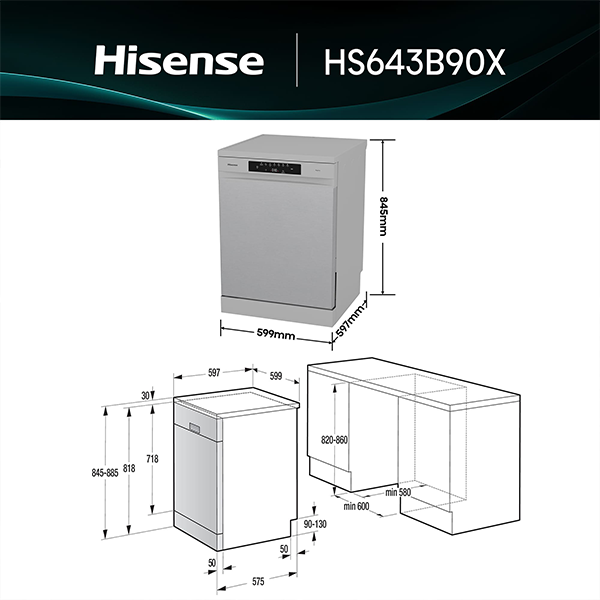 Máquina de Lavar Loiça HISENSE HS643B90X | 15 talheres, Classe B
