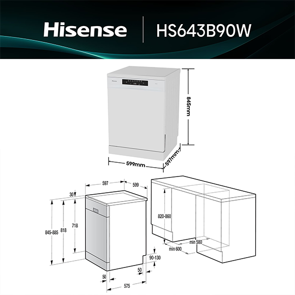 Máquina de Lavar Loiça HISENSE HS643B90W | 15 talheres, Classe B