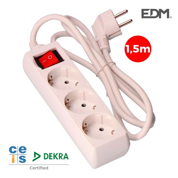 Tomada Schuko EDM EDM41009 | 3 Entradas, Interruptor, 1.5M