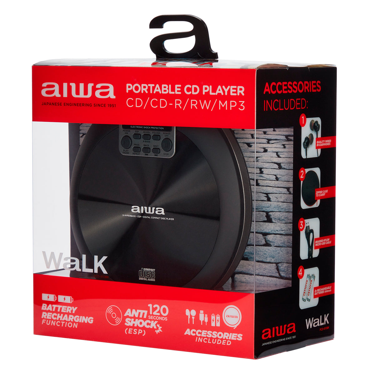 Leitor CD Portátil Aiwa PCD810BK | Anti-choque 120s, USB, Display LCD