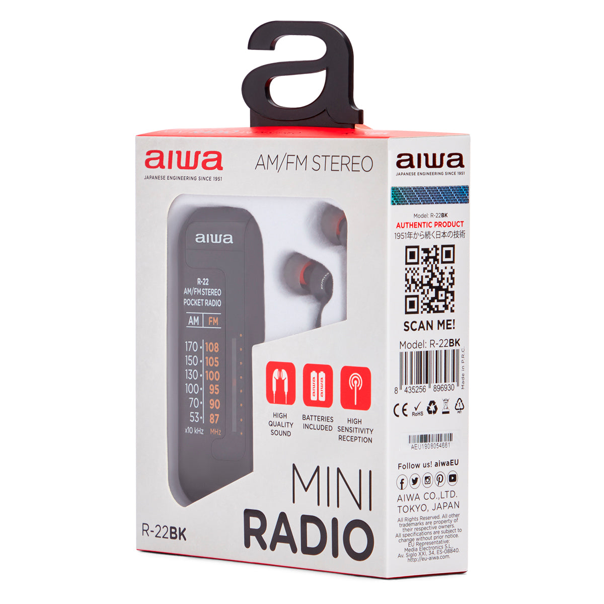 Rádio de Bolso AIWA R22BK | AM/FM, Auscultadores, Clip cinto