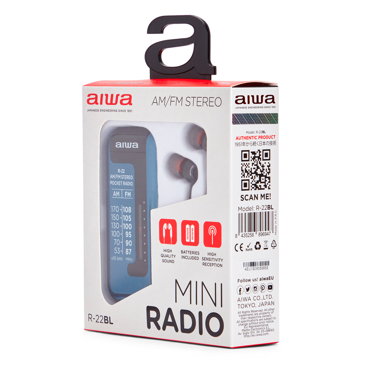 Rádio de Bolso Aiwa R22BL | AM/FM, Auscultadores, Pilhas AAA