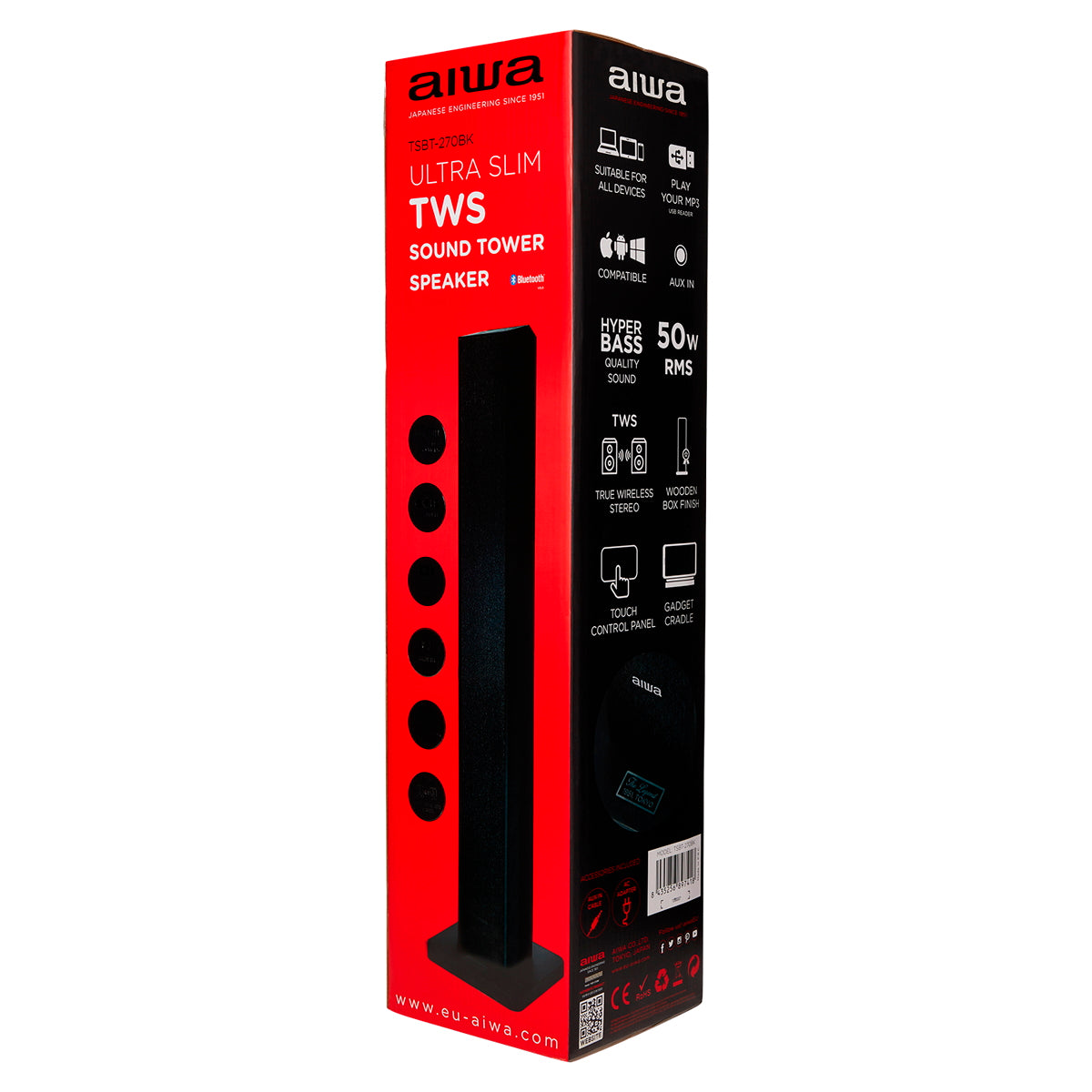 Coluna Bluetooth AIWA TSBT270BK | 50W, Bluetooth 5.0, USB