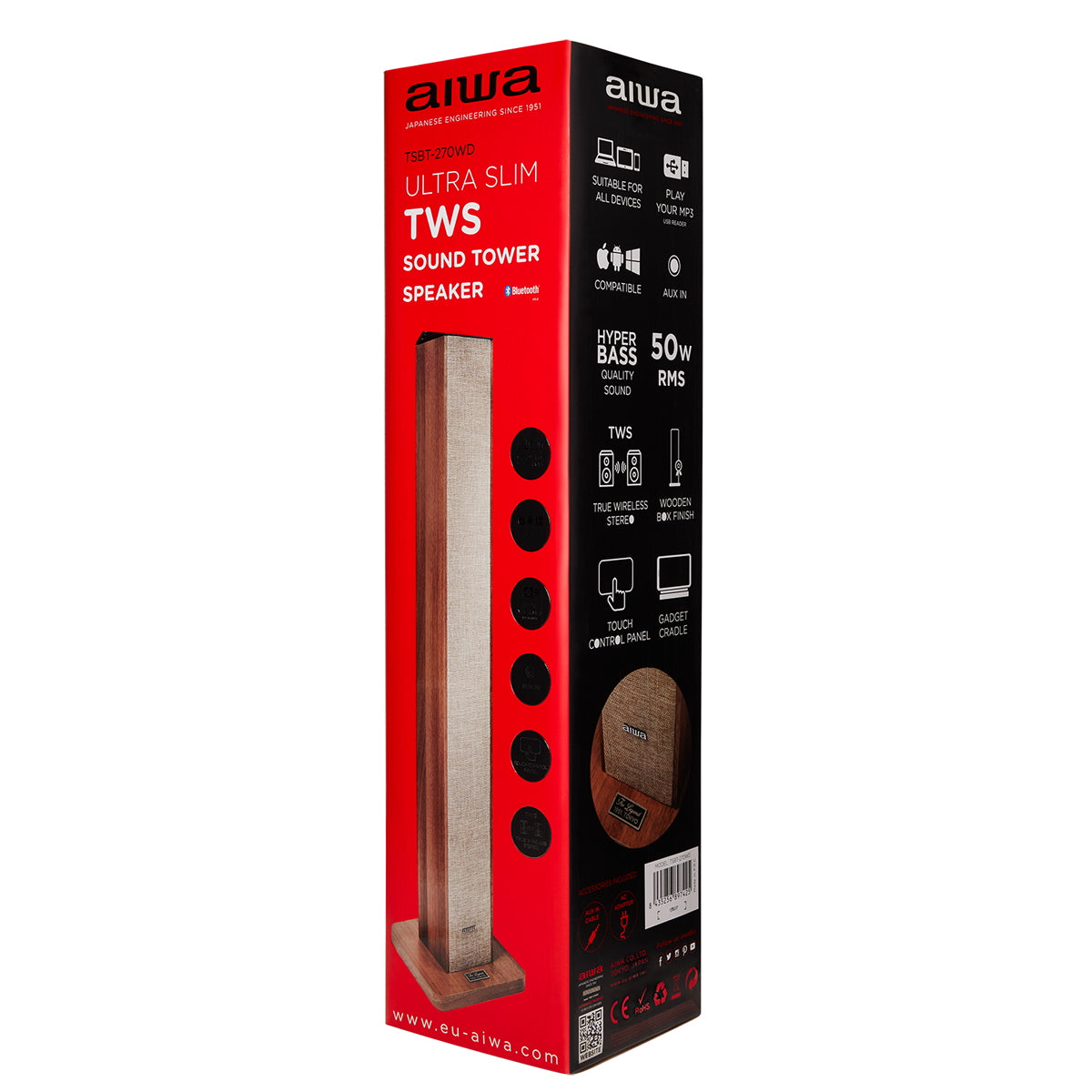 Coluna Bluetooth AIWA TSBT270WD | 50W RMS, Bluetooth 5.0, TWS