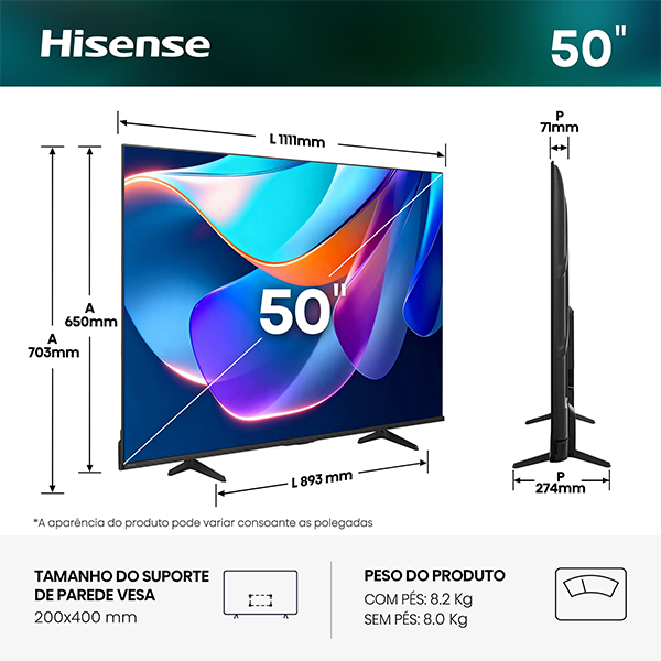 TV HISENSE 50A6S | 50", LED, 4K UHD, Smart TV