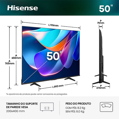 TV HISENSE 50A6S | 50", LED, 4K UHD, Smart TV