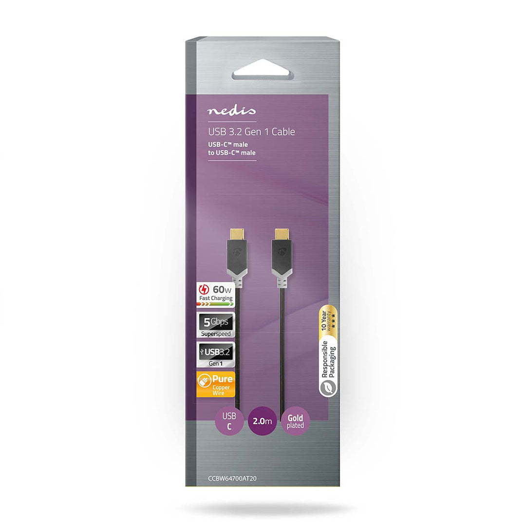 Cabo USB Nedis USB-C para USB-C 3.2 Gen 1 | 2m, 5Gbps, 4K@60Hz