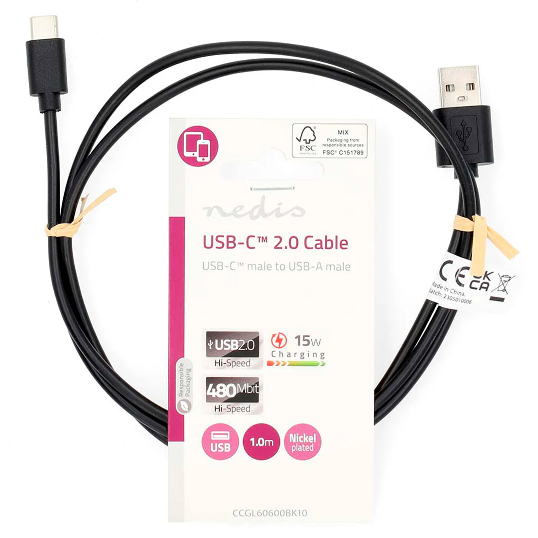 Cabo USB NEDIS CCGL60600BK10 | USB 2.0, 15W, 480 Mbps, 1m