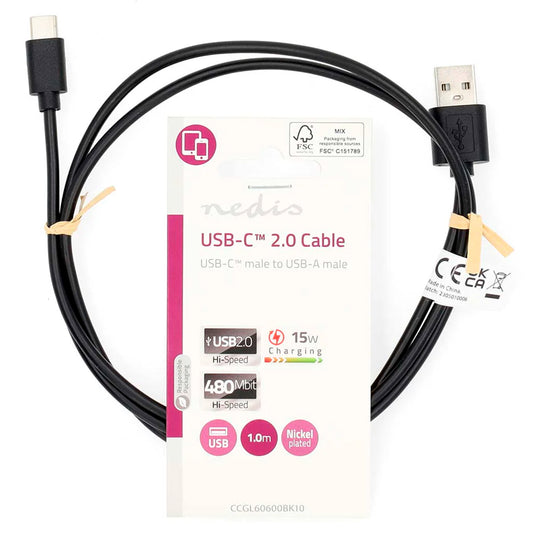 Cabo USB NEDIS CCGL60600BK10 | USB 2.0, 15W, 480 Mbps, 1m