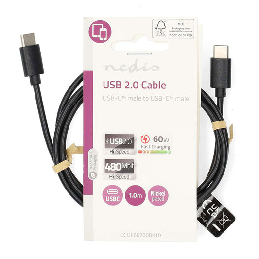 Cabo USB-C NEDIS 60W 1m | 480Mbps, PVC, Preto