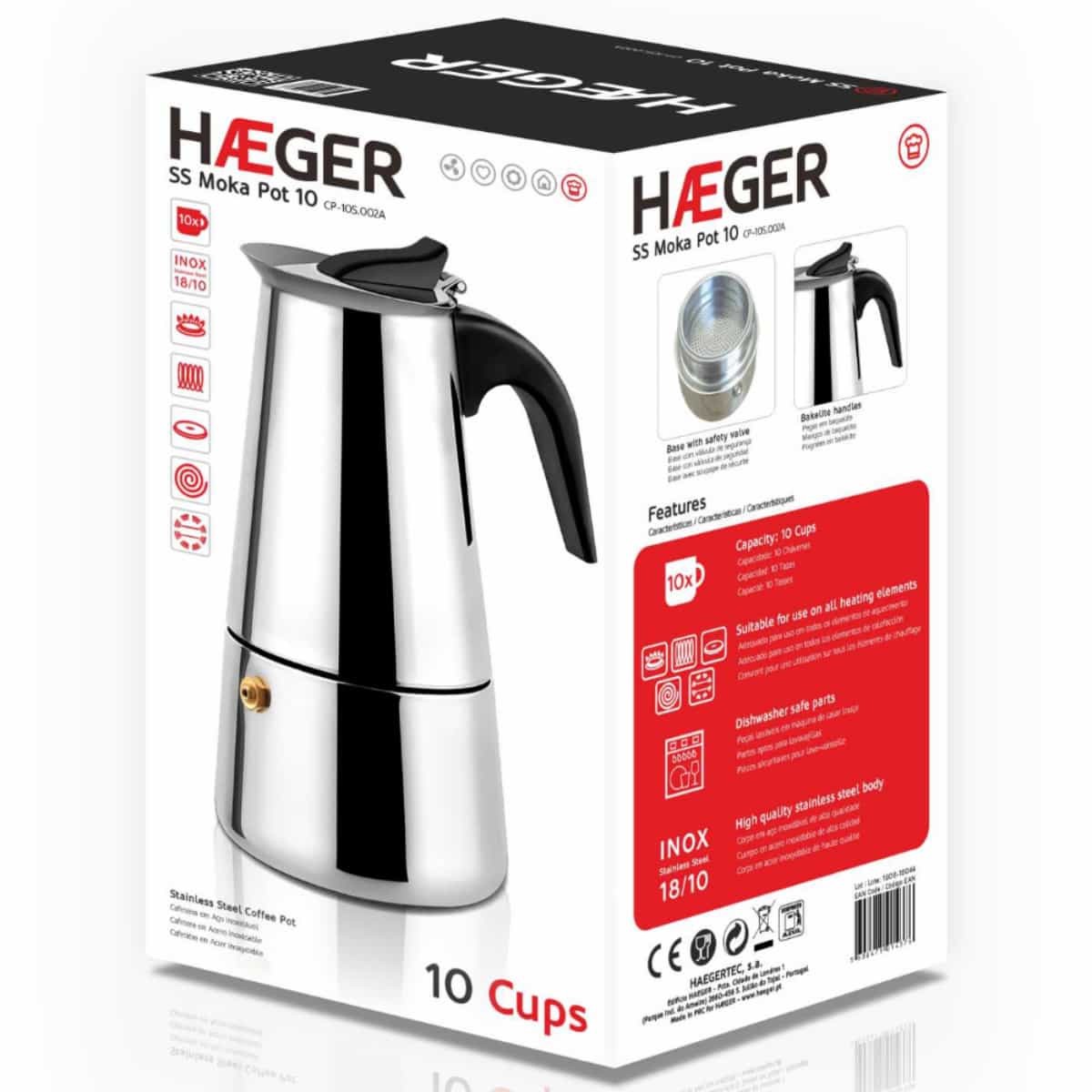 Cafeteira Haeger Ss Moka Pot 10 | Inox, Capacidade 10 Chávenas, Base Segurança