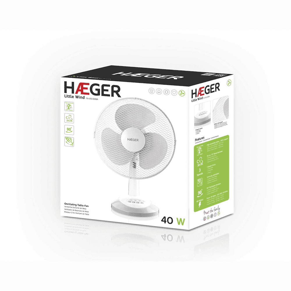 Ventoinha de Mesa Haeger Little Wind | 30 cm, 40 W, 3 Velocidades, Oscilação 90º