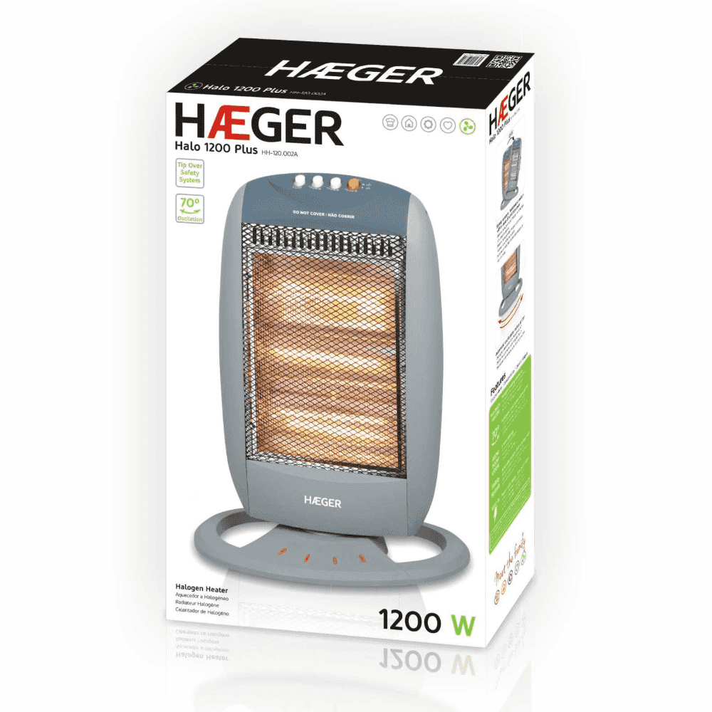 Aquecedor Halogéneo Haeger Halo 1200 Plus | 1200 W, Oscilante, Proteção Queda
