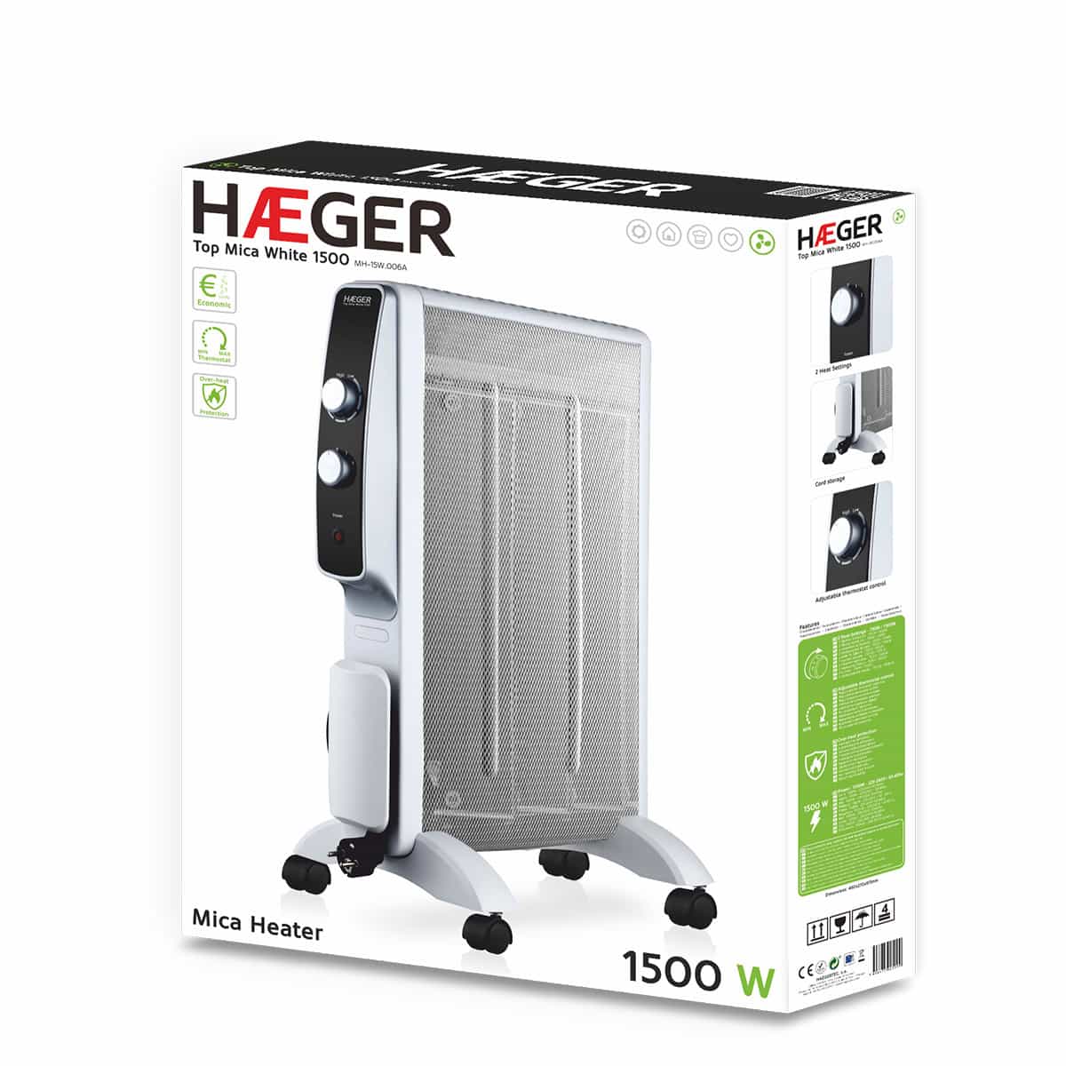 Aquecedor de Mica Haeger Top Mica White | 1500 W, Termostato Regulável, Silencioso