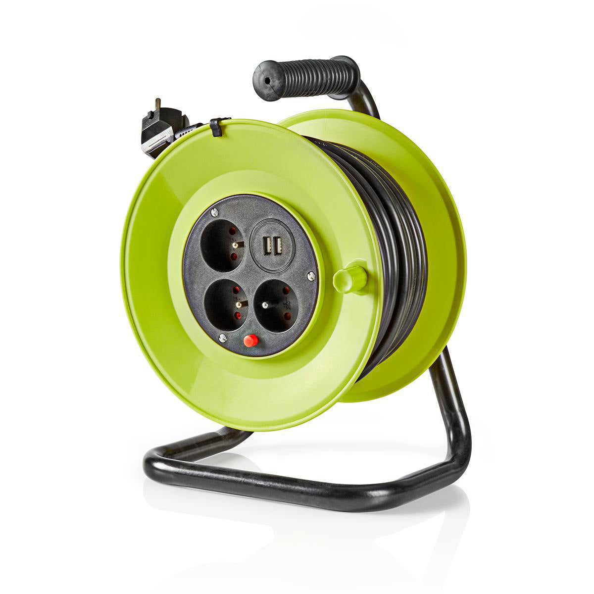 Enrolador Cabo Nedis 25m | 3 Tomadas, 2 USB, Schuko