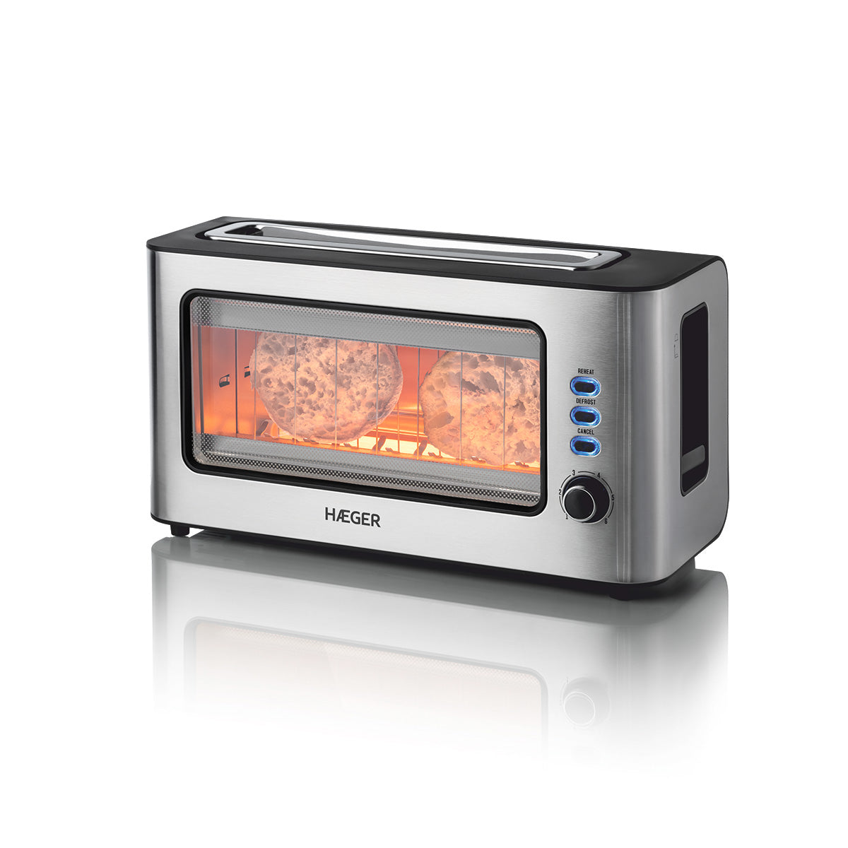 Torradeira Haeger Window | Janela de Vidro, 1 Abertura Larga, 1000W, 6 Temp., Inox