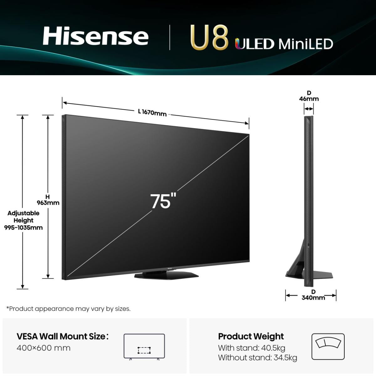 TV Hisense U8Q 75U8Q | 75", Mini LED, 4K, 165Hz