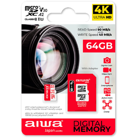Cartão Micro SD AIWA MSDV30 64GB | 64GB, 90MB/s, A2